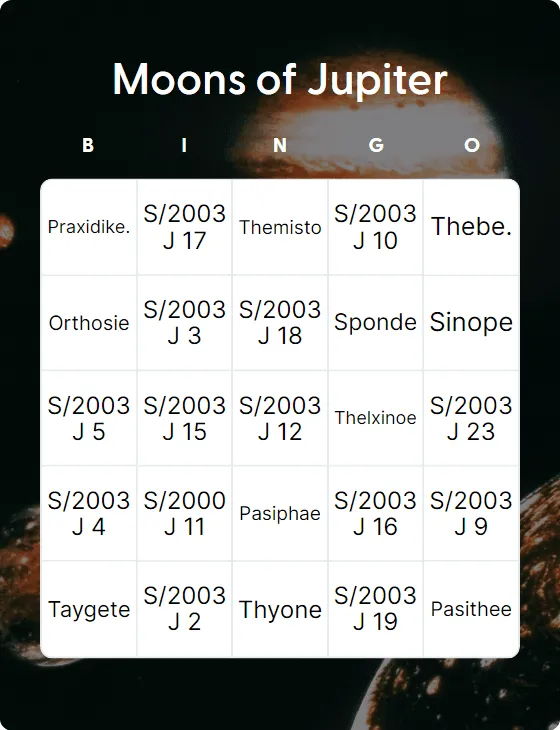 Moons of Jupiter bingo card template