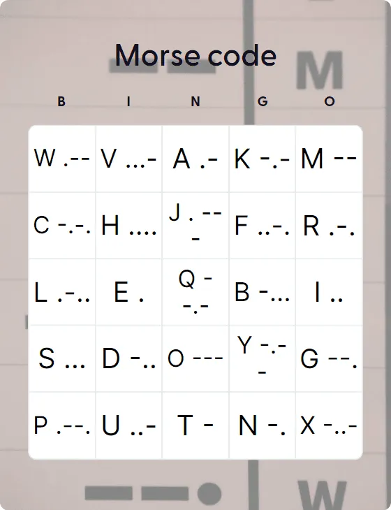 Morse code letters bingo card