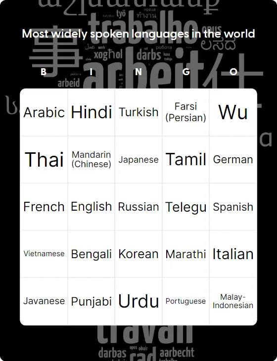 Most widely spoken languages in the world bingo card