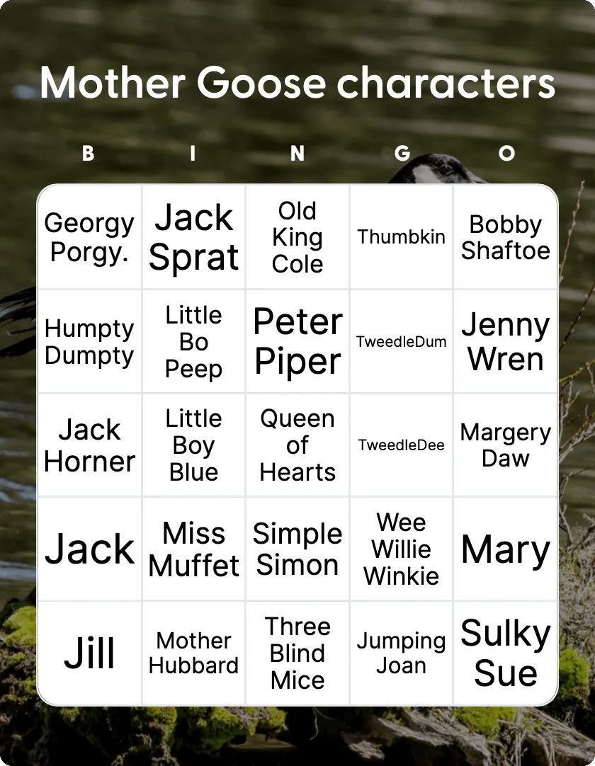 Mother Goose characters bingo card template