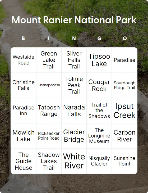 Mount Ranier National Park bingo card