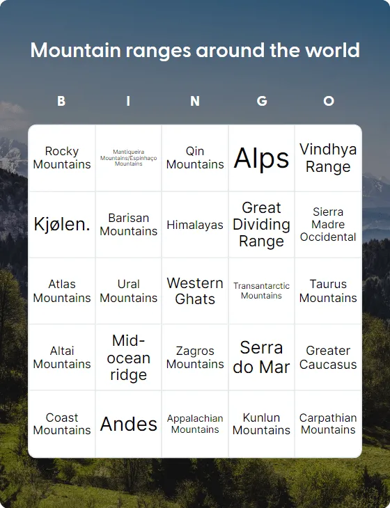 Mountain ranges around the world bingo card template
