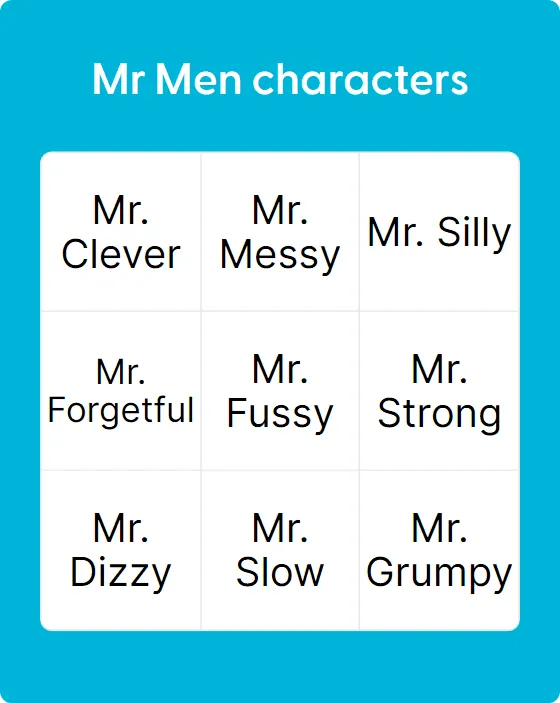 Mr Men characters bingo card