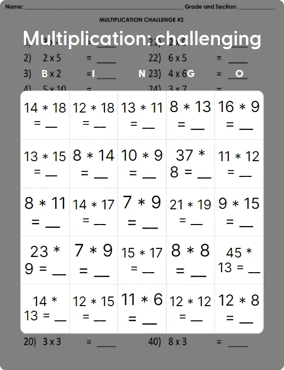 Multiplication: challenging bingo card template