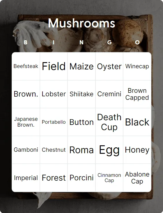 Mushrooms bingo card template