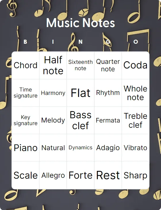 Music Notes bingo card template