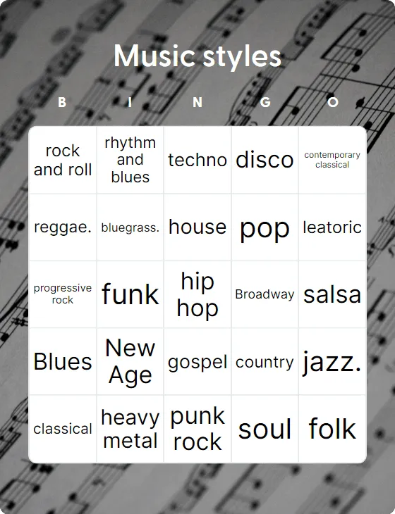 Music styles bingo card template