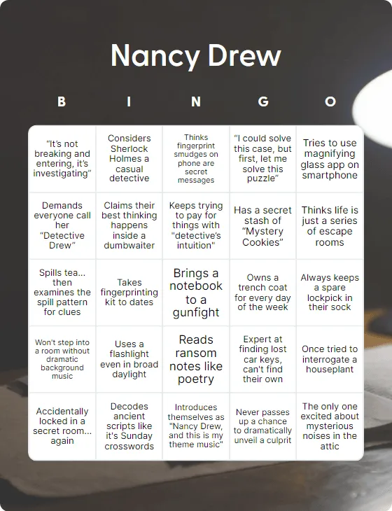 Nancy Drew bingo card