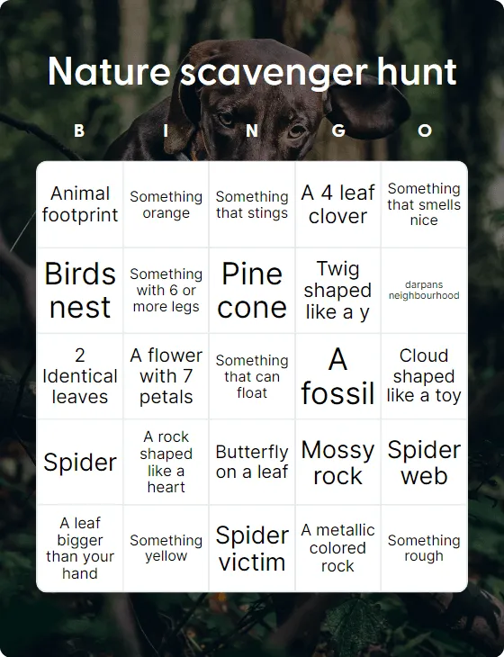 Nature scavenger hunt bingo card template