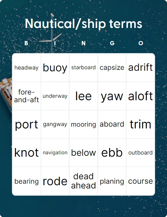 Nautical/ship terms bingo card