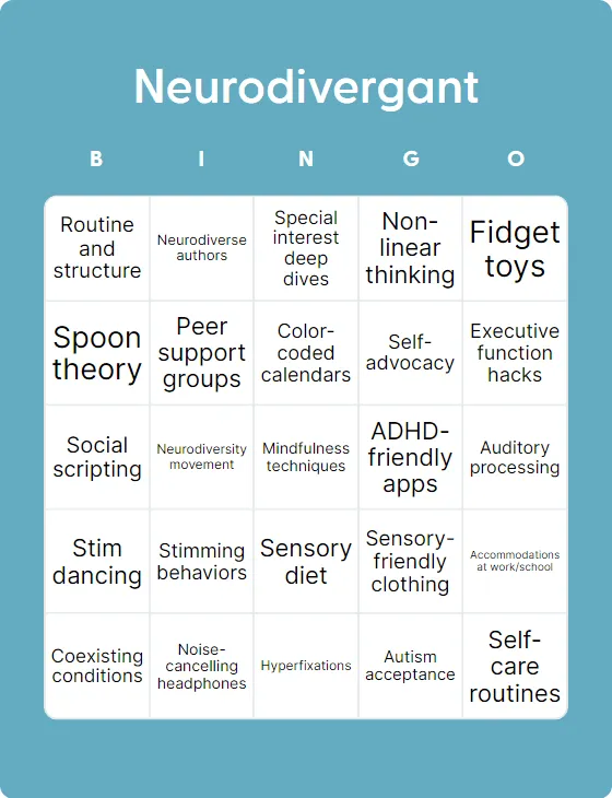 Neurodivergant bingo card