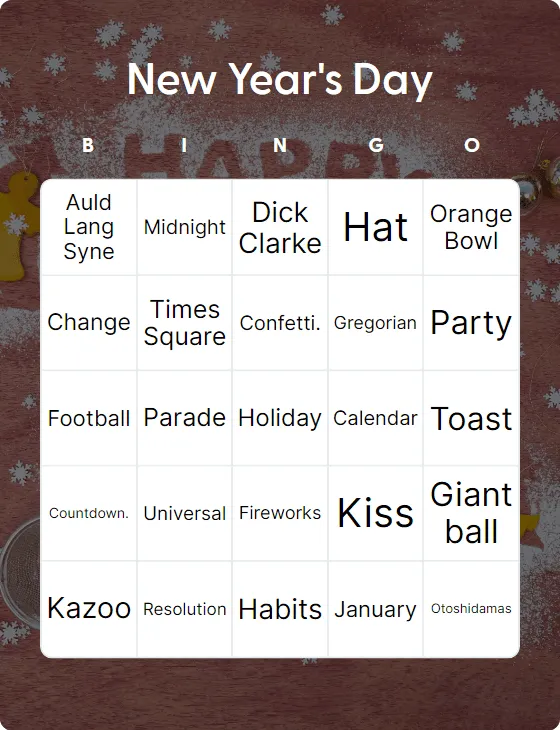 New Year's Day bingo card