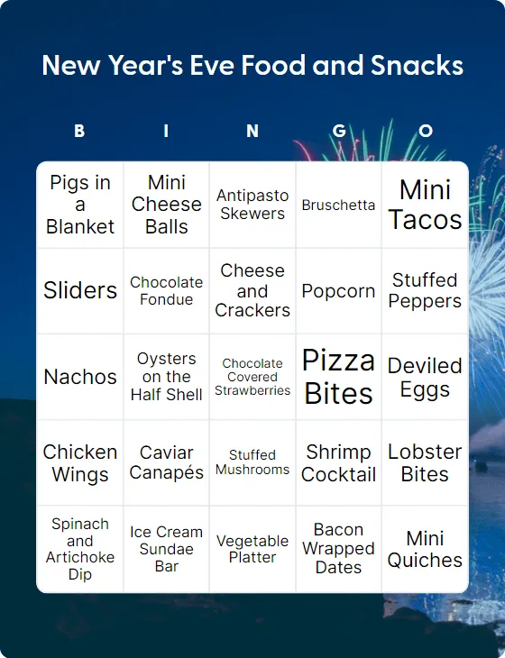 New Year's Eve Food and Snacks bingo card template