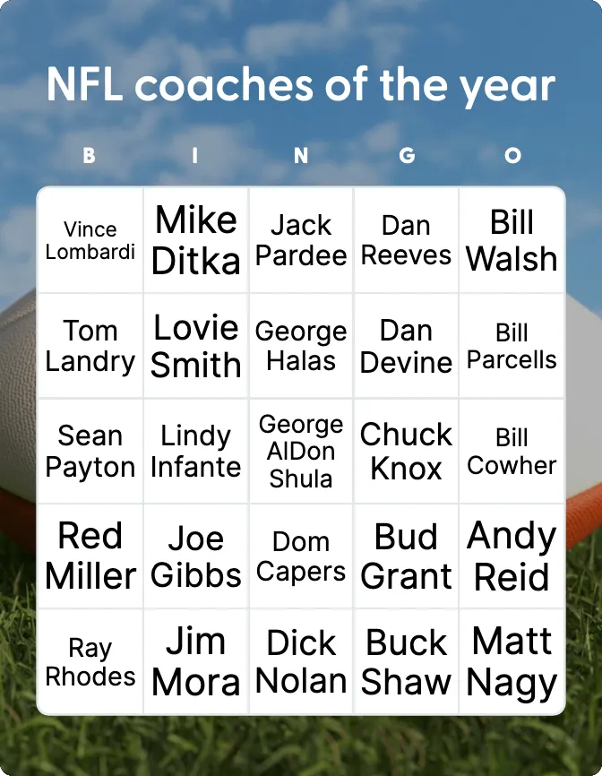 NFL coaches of the year bingo card