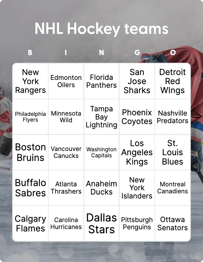 NHL Hockey teams bingo card