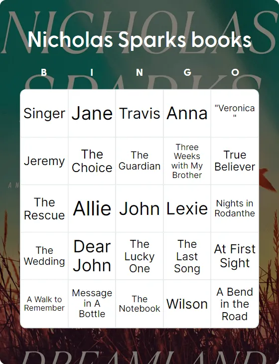 Nicholas Sparks books bingo card template
