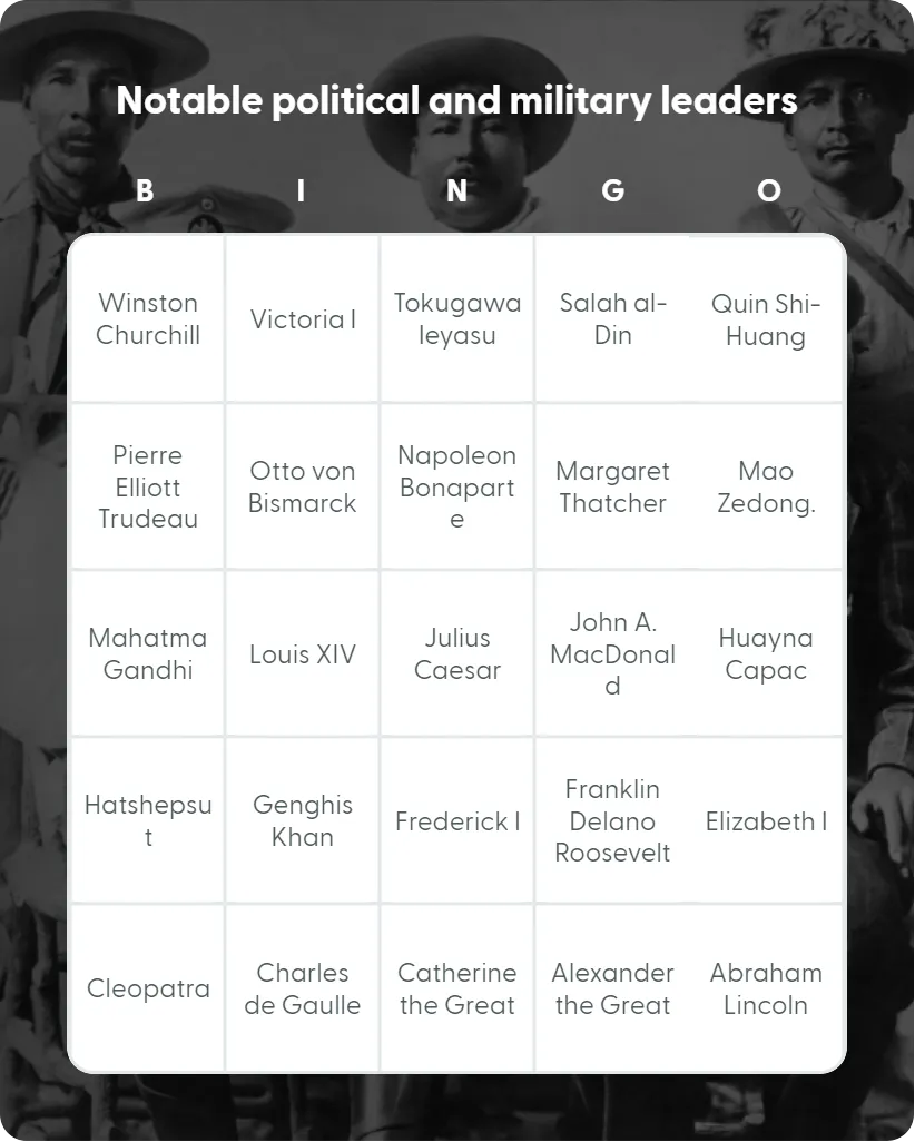 Notable political and military leaders bingo card