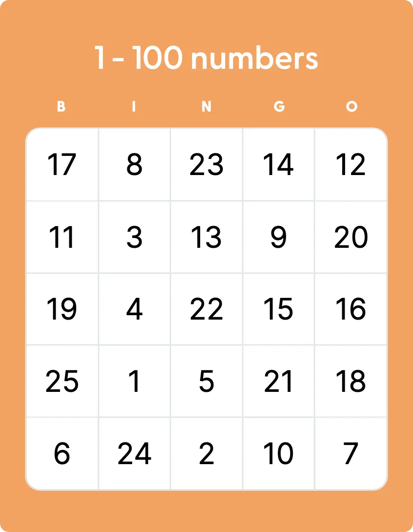 Number bingo card template