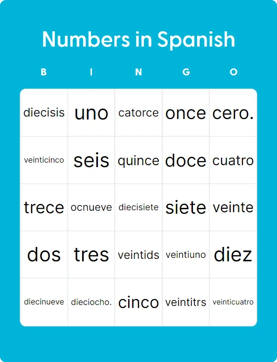 Numbers in Spanish bingo card