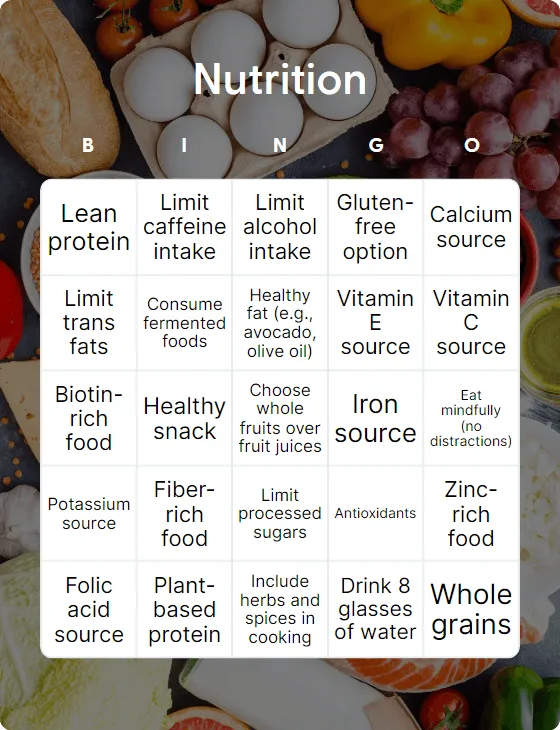 Nutrition bingo card template