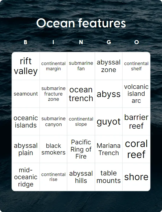 Ocean features bingo card template