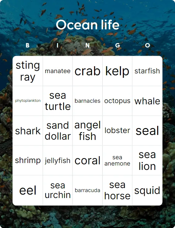 Ocean life  bingo card template