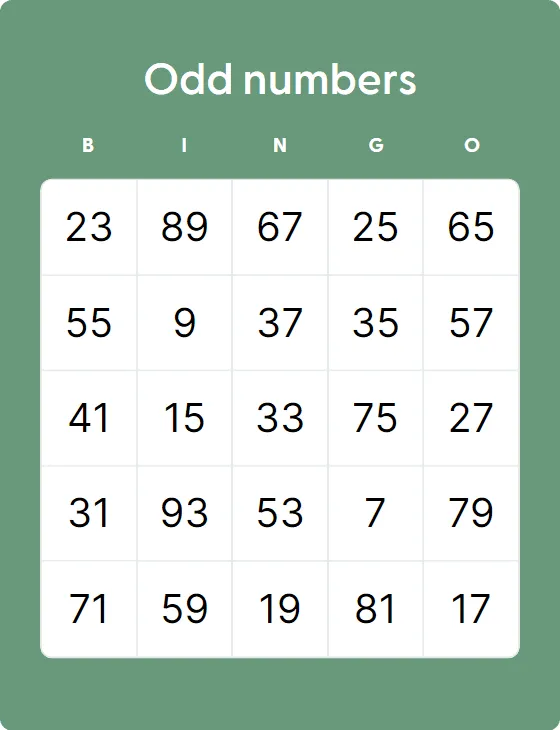 Odd numbers bingo card
