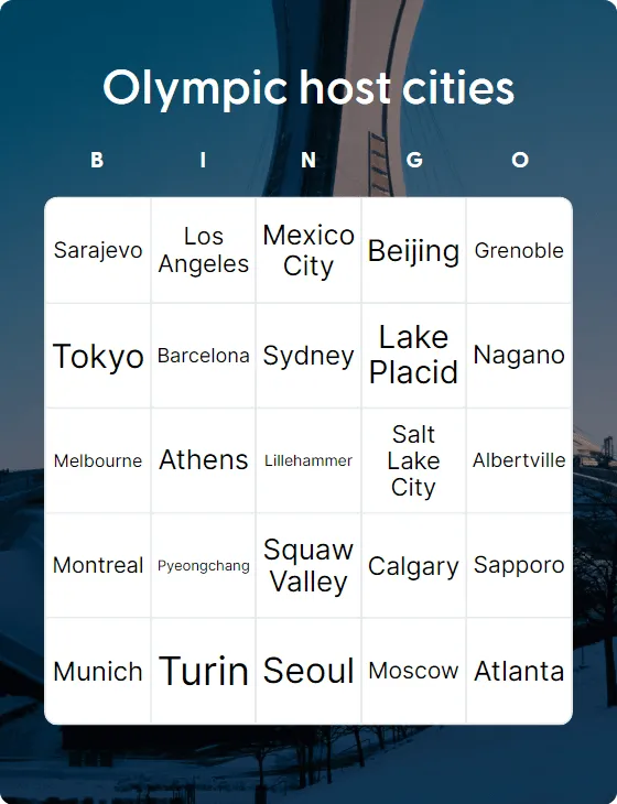Olympic host cities bingo card template
