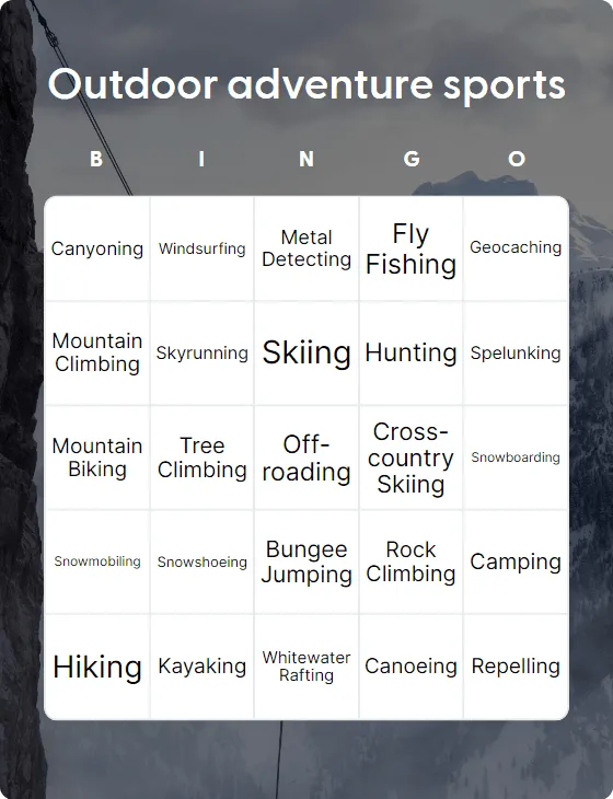 Outdoor adventure sports bingo card template