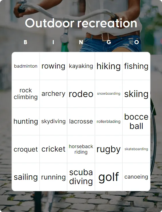 Outdoor recreation bingo card