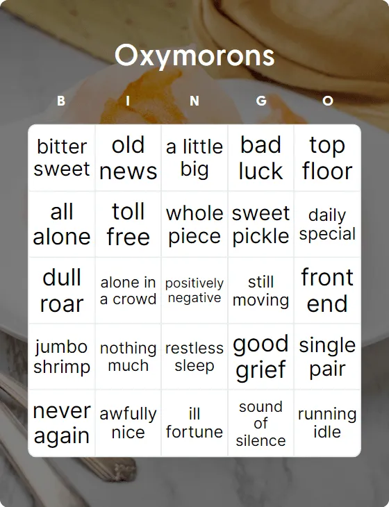Oxymorons bingo card template