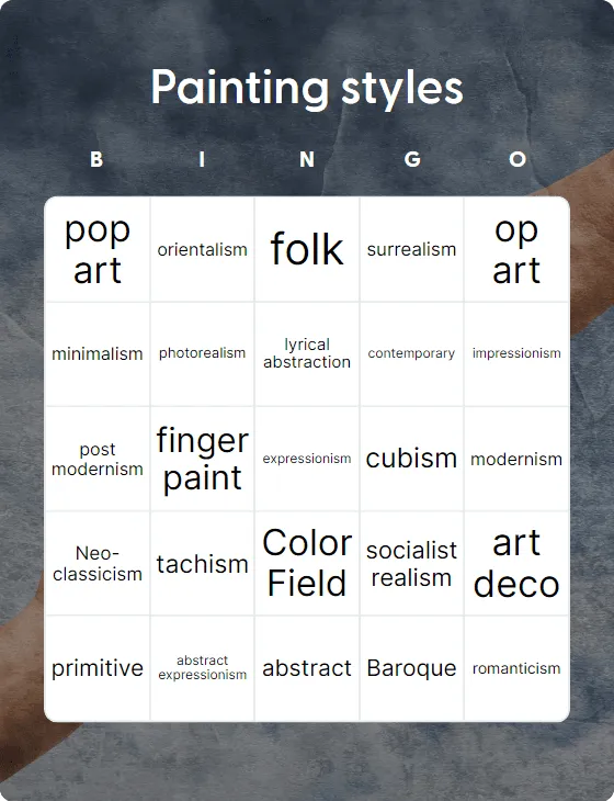 Painting styles bingo card template