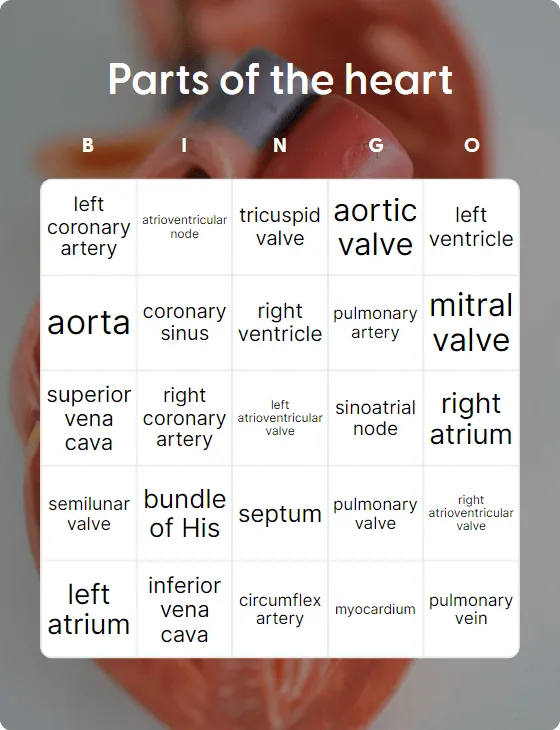 Parts of the heart bingo card template