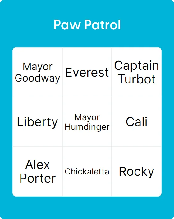 Paw Patrol bingo card