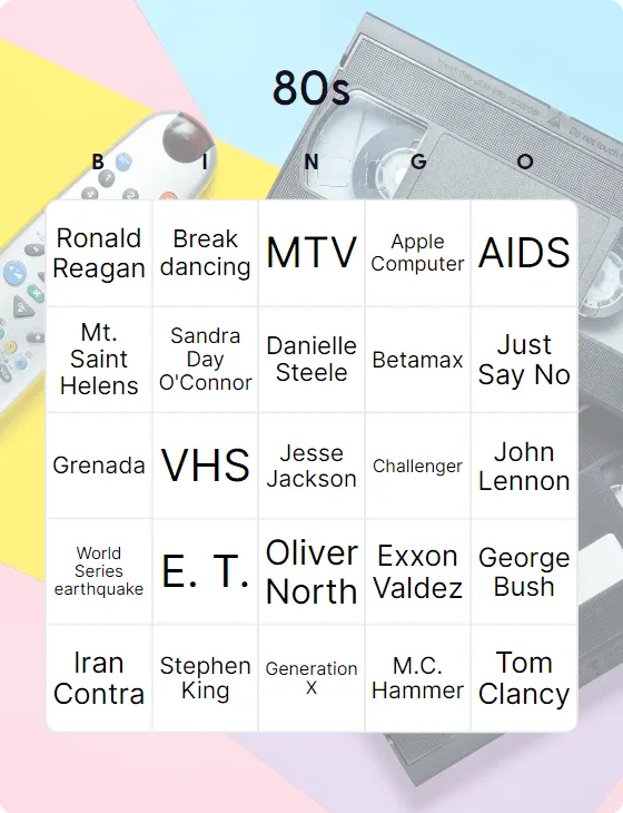 People and events of the 1980s bingo card template