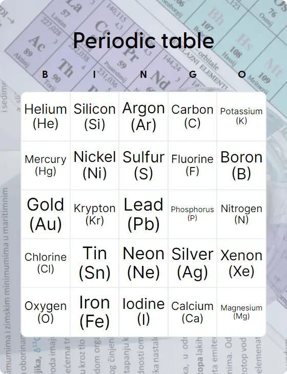 Periodic table bingo card template