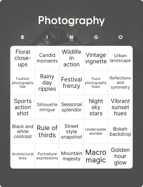 Photography bingo card template