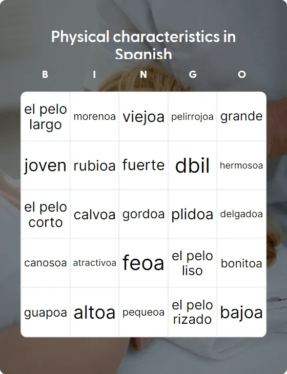 Physical characteristics in Spanish bingo card template