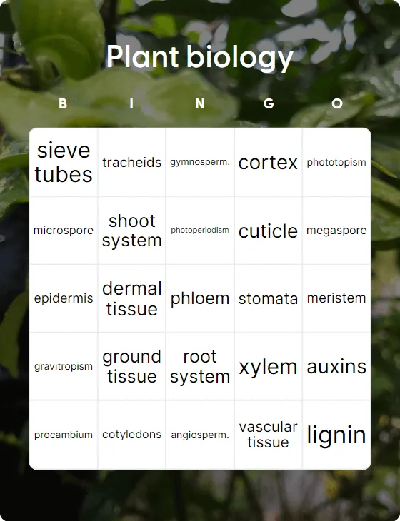 Plant biology bingo card template