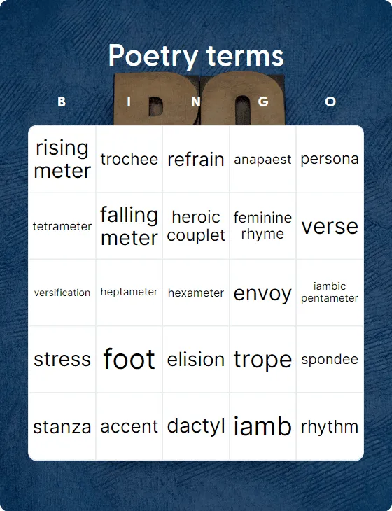 Poetry terms bingo card