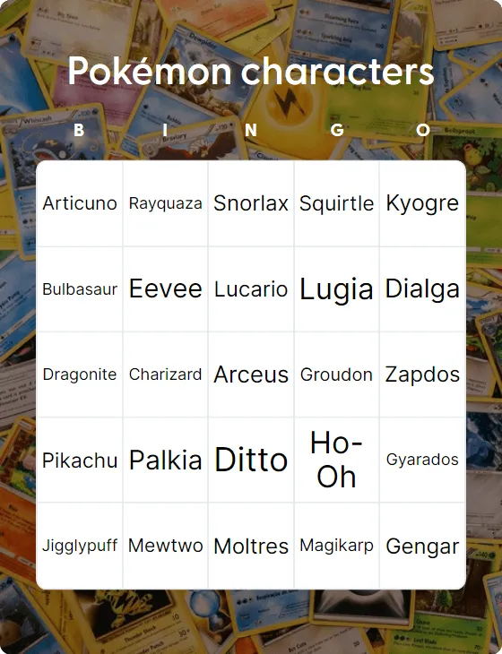 Pokémon characters bingo card