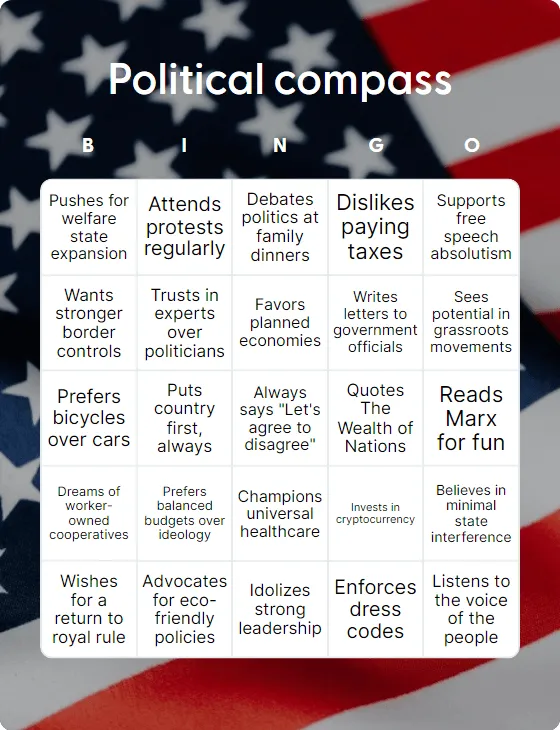 Political compass bingo card template