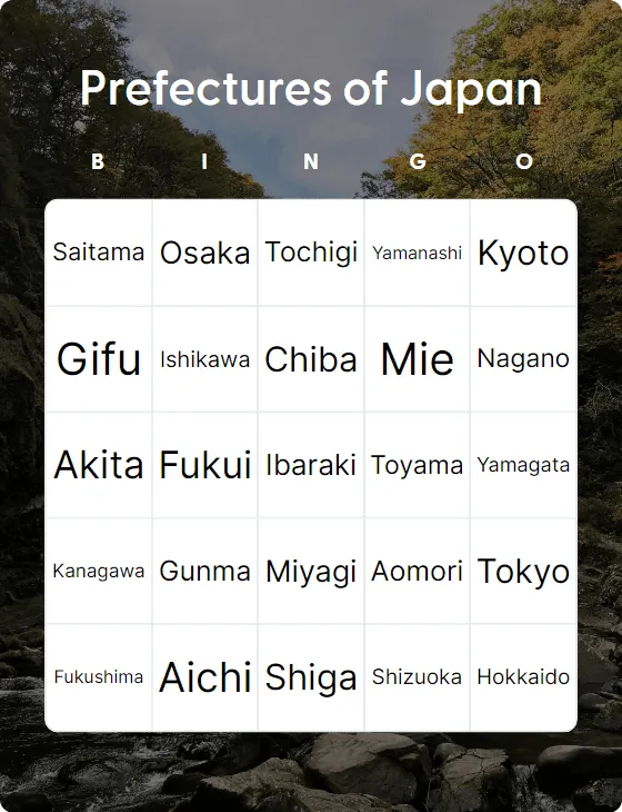 Prefectures of Japan bingo card template