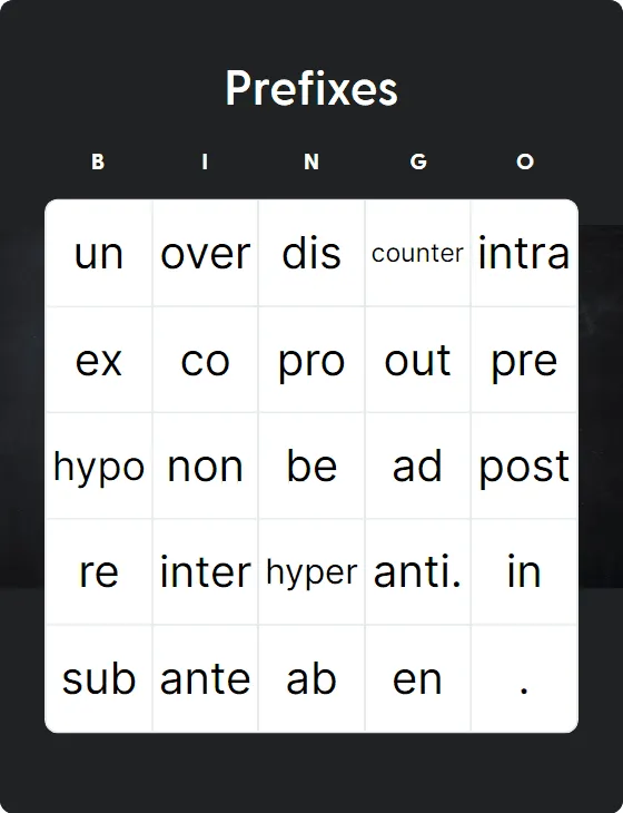 Prefixes bingo card