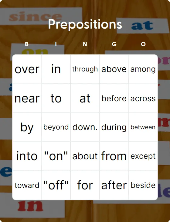 Prepositions bingo card template
