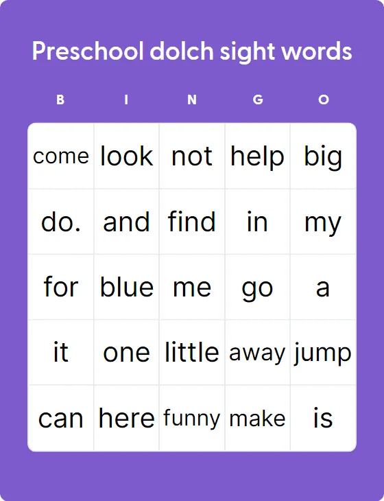 Preschool dolch sight words bingo card