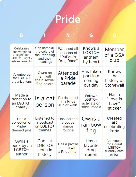 Pride bingo card template