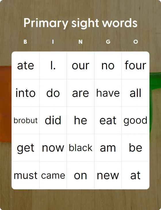 Primary sight words bingo card