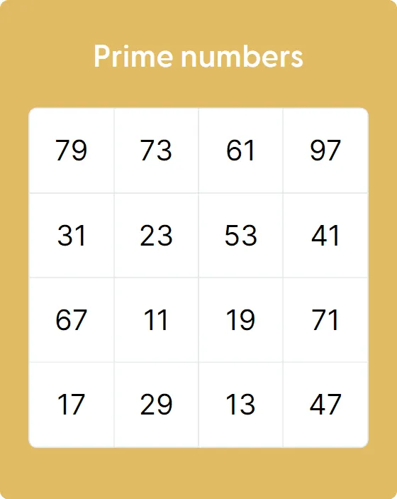 Prime numbers bingo card
