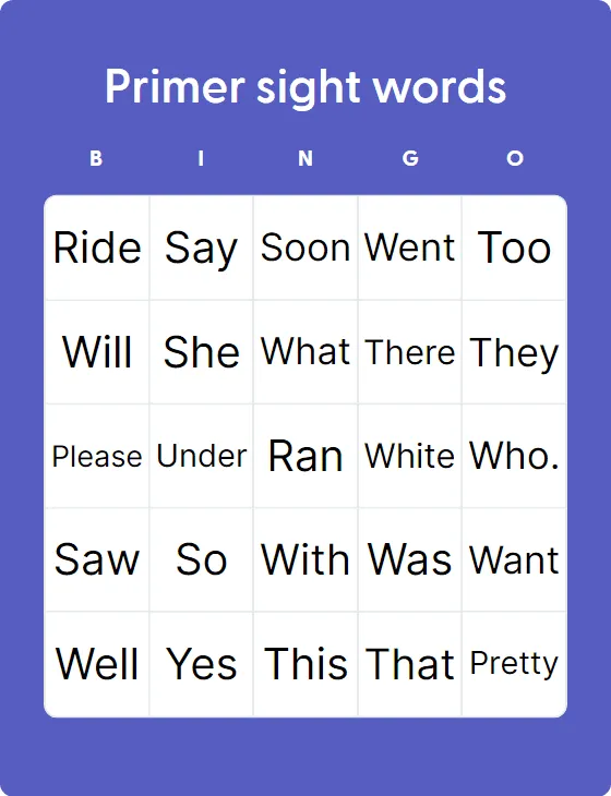 Primer sight words bingo card